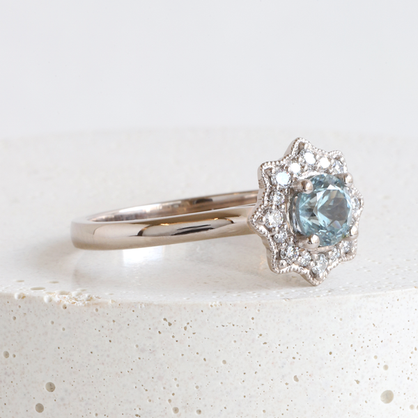 Ethical Jewellery & Engagement Rings Toronto - 0.60 Ct Icy Blue Montana Sapphire Flora Halo In White - FTJCo Fine Jewellery & Goldsmiths