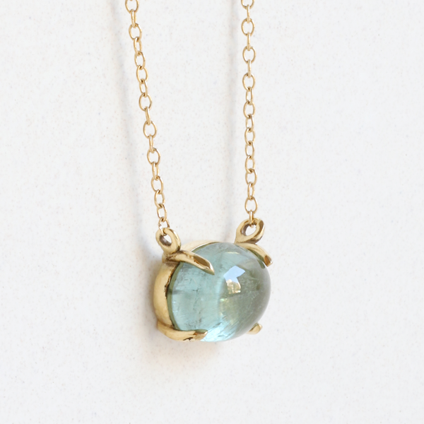 Ethical Jewellery & Engagement Rings Toronto - 4.56ct Seafoam Green Oval Cabochon Tourmaline Pendant in Yellow Gold - FTJCo Fine Jewellery & Goldsmiths