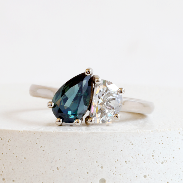 Ethical Jewellery & Engagement Rings Toronto - Toi et Moi  G VS2 Half Moon Lab Diamond and Peacock Green Pear Sapphire Ring in White - FTJCo Fine Jewellery & Goldsmiths