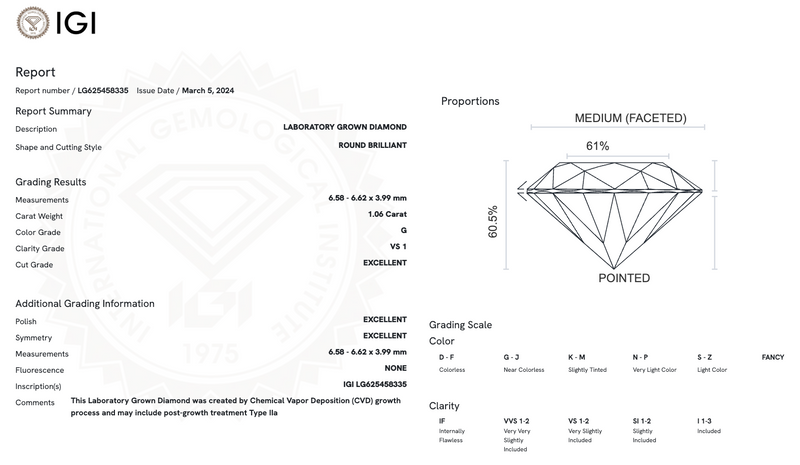 1.06 ct G VS1 Lab Diamond Vesper Solitaire in White Gold