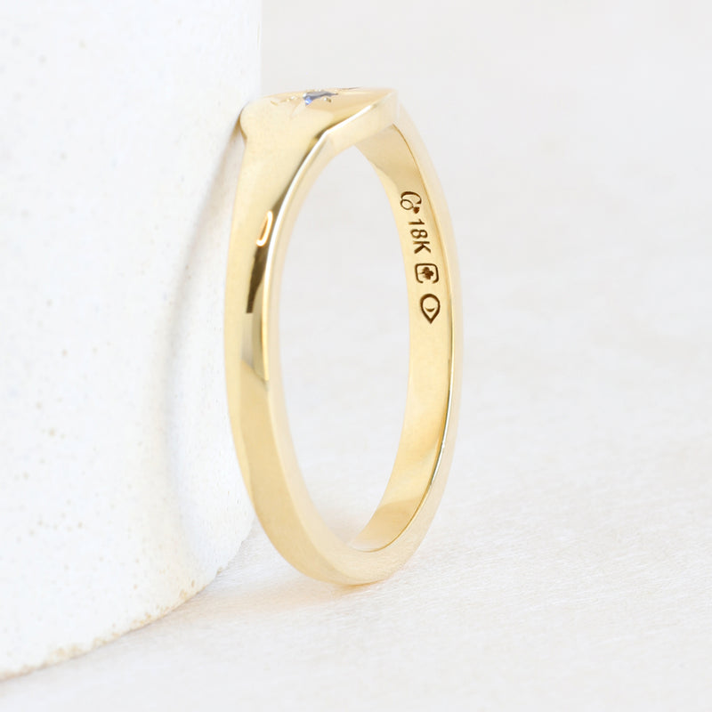 Ethical Jewellery & Engagement Rings Toronto - Blue Sapphire Petite Signet Ring with Star Engraving in Yellow Gold - FTJCo Fine Jewellery & Goldsmiths