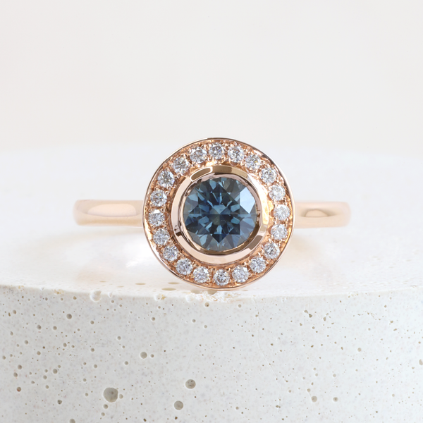 Ethical Jewellery & Engagement Rings Toronto - 0.84 ct Rainy Dreams Sapphire Love Note Bezel Halo in Rose - FTJCo Fine Jewellery & Goldsmiths
