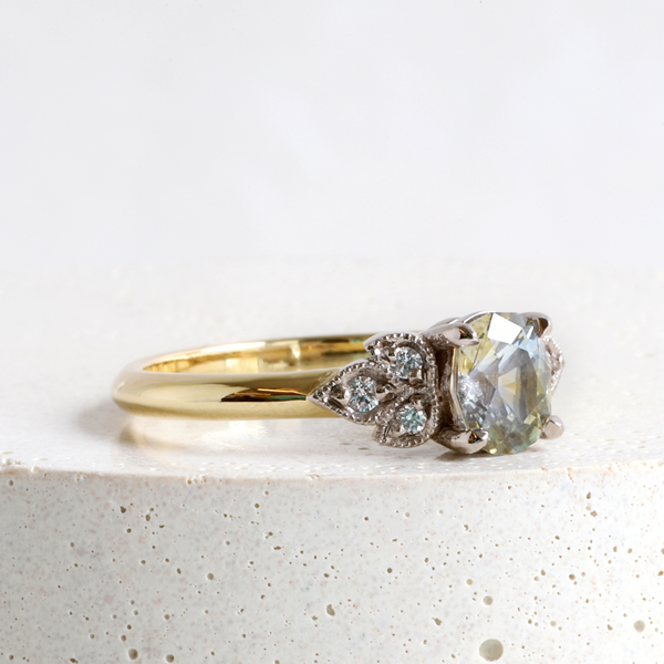 Ethical Jewellery & Engagement Rings Toronto - 0.78 ct Bi-colour Cushion-cut Montana Sapphire Frances Ring in Yellow & White - FTJCo Fine Jewellery & Goldsmiths