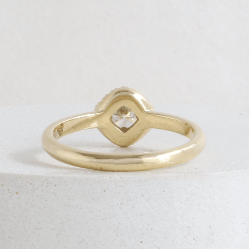 Ethical Jewellery & Engagement Rings Toronto - 0.36 ct Very Light Brown Low Set Cushion Halo in Yellow - FTJCo Fine Jewellery & Goldsmiths