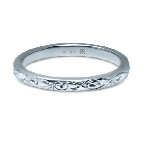 White Ethical Jewellery & Engagement Rings Toronto - 18K 2 mm Hand Engraved Vine Pattern Band - Fairtrade Jewellery Co.