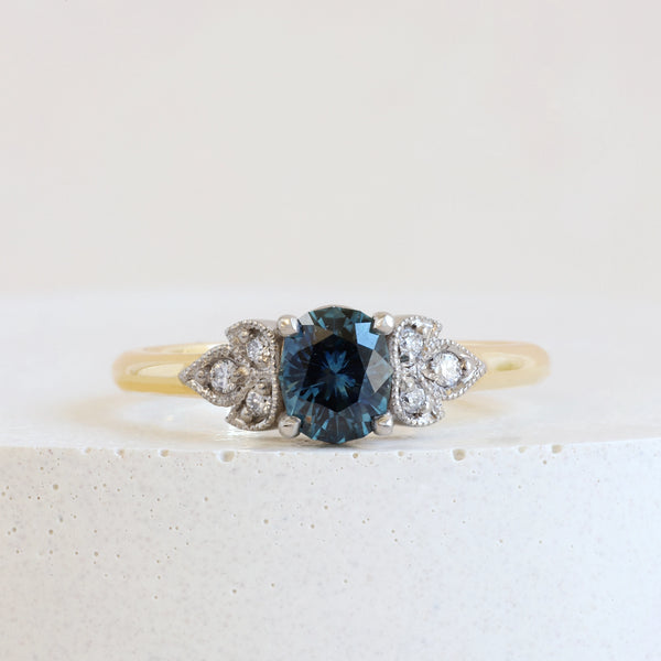 0.75 ct Peacock Blue Sapphire Bi-Colour Frances Ring in Yellow Gold