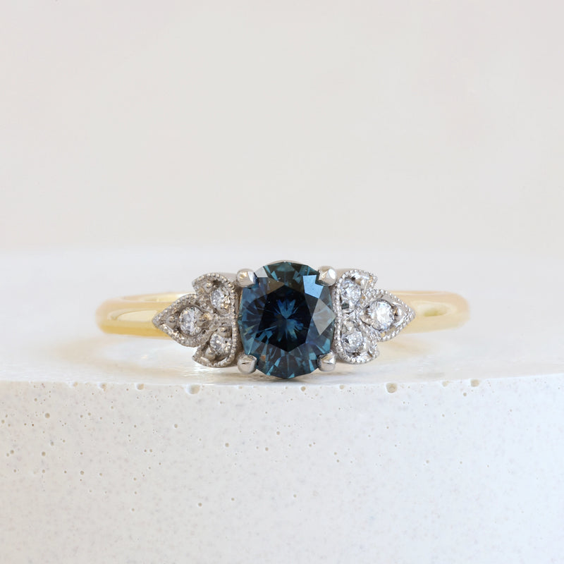 0.75 ct Peacock Blue Sapphire Bi-Colour Frances Ring in Yellow Gold
