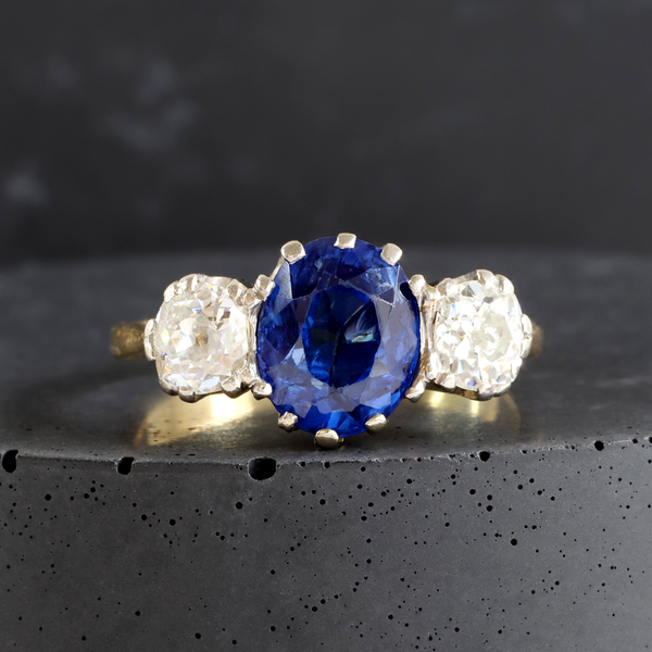 Ethical Jewellery & Engagement Rings Toronto - Yellow & White Gold Ring with 0.90tcw OEC Diamonds & Oval Synthetic Sapphire - FTJCo Fine Jewellery & Goldsmiths