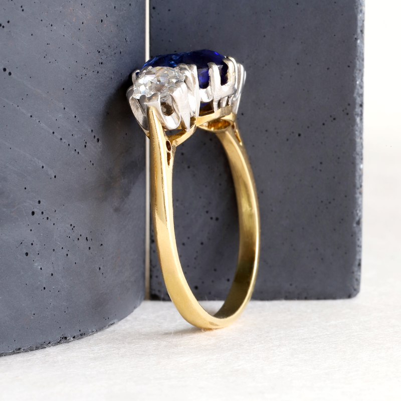 Ethical Jewellery & Engagement Rings Toronto - Yellow & White Gold Ring with 0.90tcw OEC Diamonds & Oval Synthetic Sapphire - FTJCo Fine Jewellery & Goldsmiths