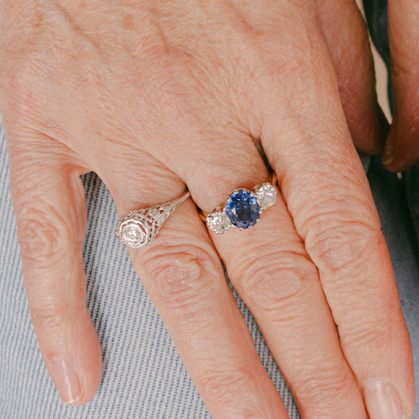 FTJCo Vintage Yellow & White Gold Ring with Old European Cut Diamonds & Oval Lab Grown Sapphire