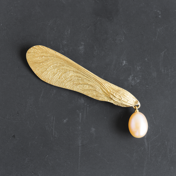 Cultured Pearl and Gold Maple Key Brooch
