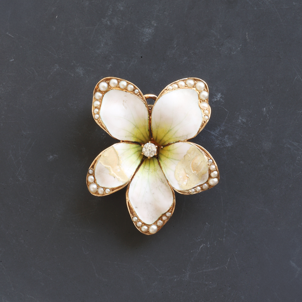 Ethical Jewellery & Engagement Rings Toronto - Antique Enamel Flower Brooch with Split-Pearl and Diamond - FTJCo Fine Jewellery & Goldsmiths