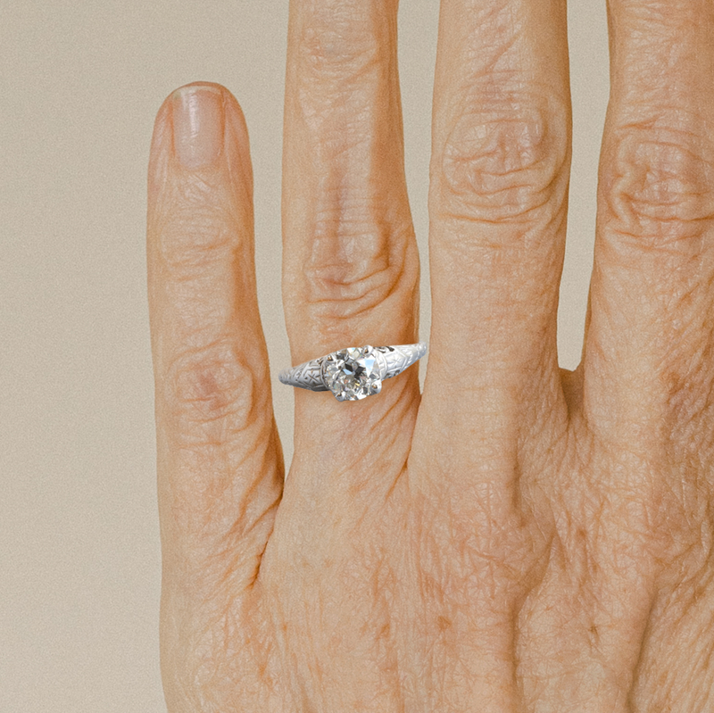 Ethical Jewellery & Engagement Rings Toronto - FTJCo Vintage Engraved Diamond Solitaire in White Gold - FTJCo Fine Jewellery & Goldsmiths