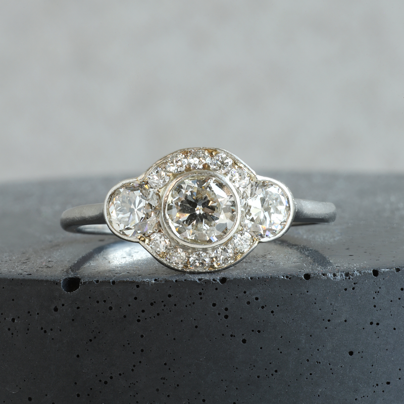 Ethical Jewellery & Engagement Rings Toronto - FTJCo Vintage Three Stone Partial Halo Ring in Platinum - FTJCo Fine Jewellery & Goldsmiths
