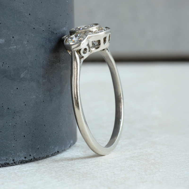 Ethical Jewellery & Engagement Rings Toronto - FTJCo Vintage Three Stone Partial Halo Ring in Platinum - FTJCo Fine Jewellery & Goldsmiths