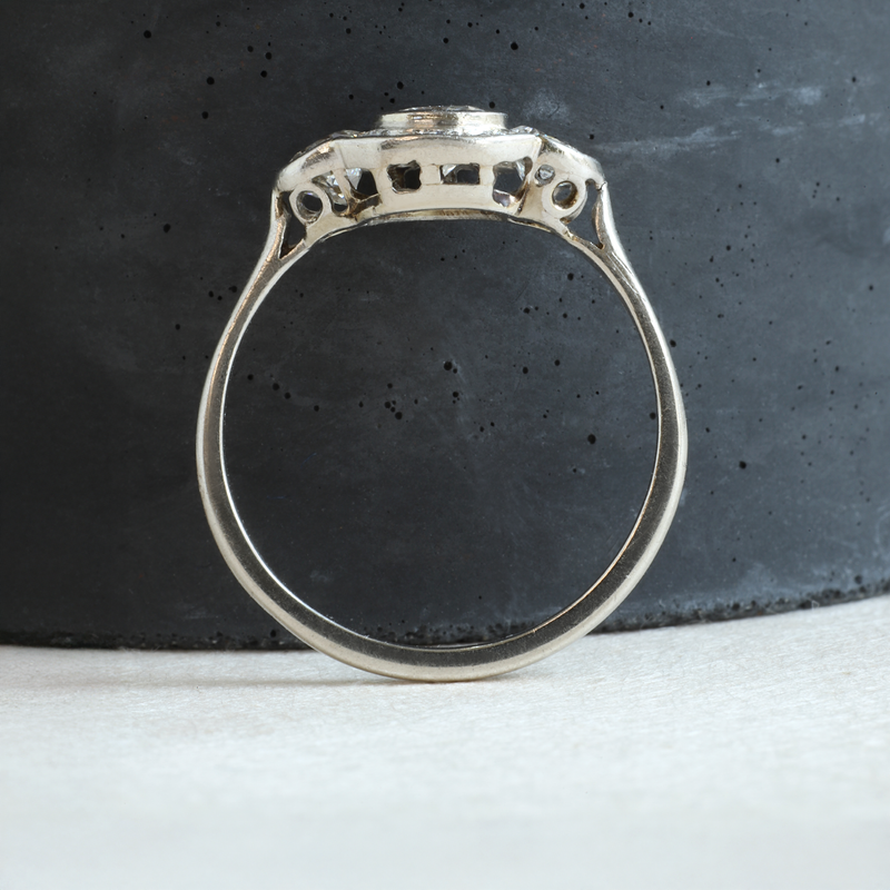 Ethical Jewellery & Engagement Rings Toronto - FTJCo Vintage Three Stone Partial Halo Ring in Platinum - FTJCo Fine Jewellery & Goldsmiths