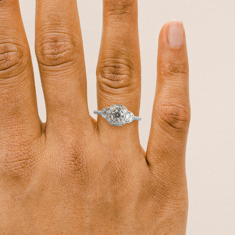 Ethical Jewellery & Engagement Rings Toronto - FTJCo Vintage Three Stone Partial Halo Ring in Platinum - FTJCo Fine Jewellery & Goldsmiths
