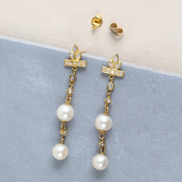 FTJCo Vintage Cultured Pearl, Diamond, Gold & Platinum Drop Earrings
