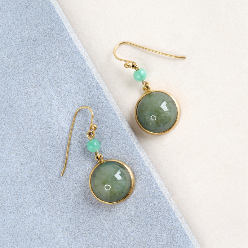 FTJCo Vintage Jade Half-Sphere & Bead Articulated Drops in Yellow Gold