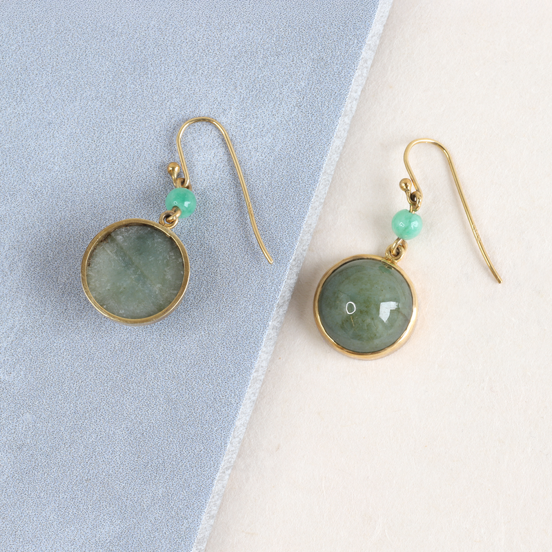 FTJCo Vintage Jade Half-Sphere & Bead Articulated Drops in Yellow Gold
