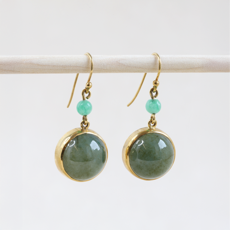 FTJCo Vintage Jade Half-Sphere & Bead Articulated Drops in Yellow Gold