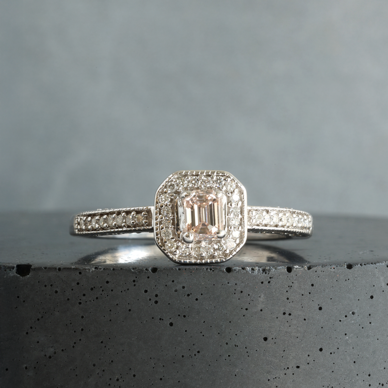 FTJCo Vintage Pink Diamond Emerald Cut Halo in White Gold