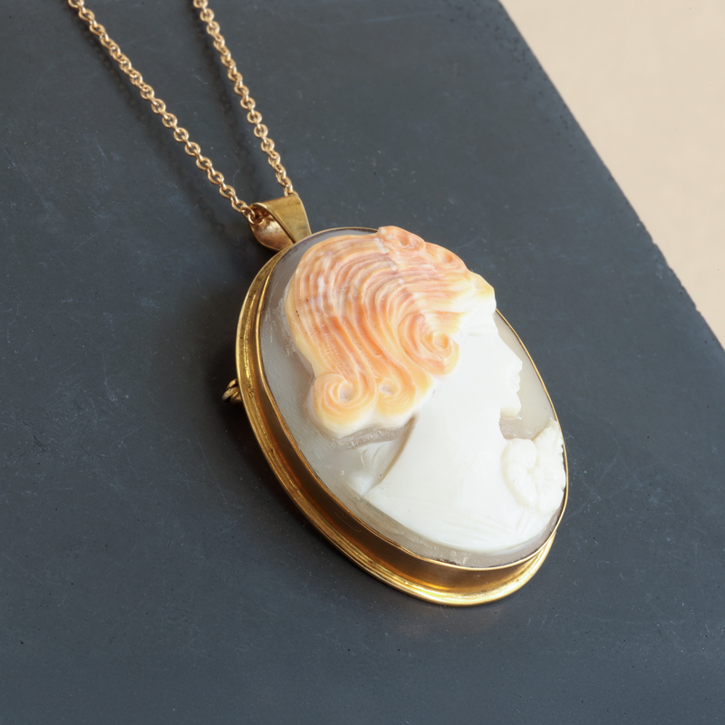 Ethical Jewellery & Engagement Rings Toronto - 10k-9k Yellow Gold & Cameo Shell Interchangeable Brooch/Necklace Pendant - FTJCo Fine Jewellery & Goldsmiths