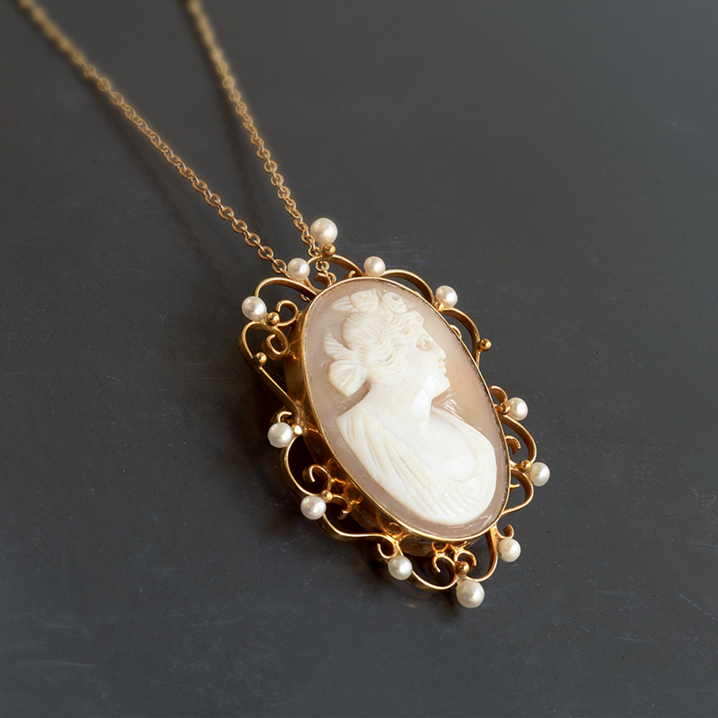 Ethical Jewellery & Engagement Rings Toronto - 9K Yellow Gold cameo Shell & Cultured Pearl Interchangeable Brooch/Necklace Pendant - FTJCo Fine Jewellery & Goldsmiths