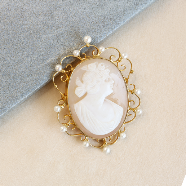 Ethical Jewellery & Engagement Rings Toronto - 9K Yellow Gold cameo Shell & Cultured Pearl Interchangeable Brooch/Necklace Pendant - FTJCo Fine Jewellery & Goldsmiths