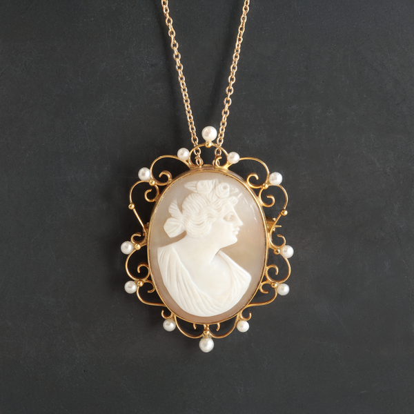Ethical Jewellery & Engagement Rings Toronto - 9K Yellow Gold cameo Shell & Cultured Pearl Interchangeable Brooch/Necklace Pendant - FTJCo Fine Jewellery & Goldsmiths