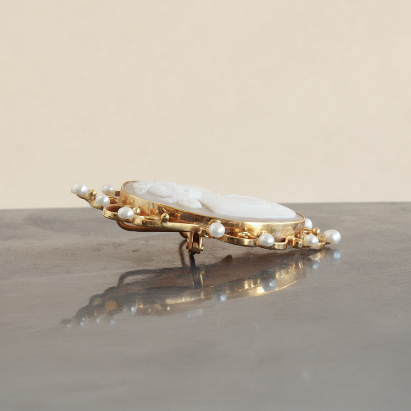 Ethical Jewellery & Engagement Rings Toronto - 9K Yellow Gold cameo Shell & Cultured Pearl Interchangeable Brooch/Necklace Pendant - FTJCo Fine Jewellery & Goldsmiths