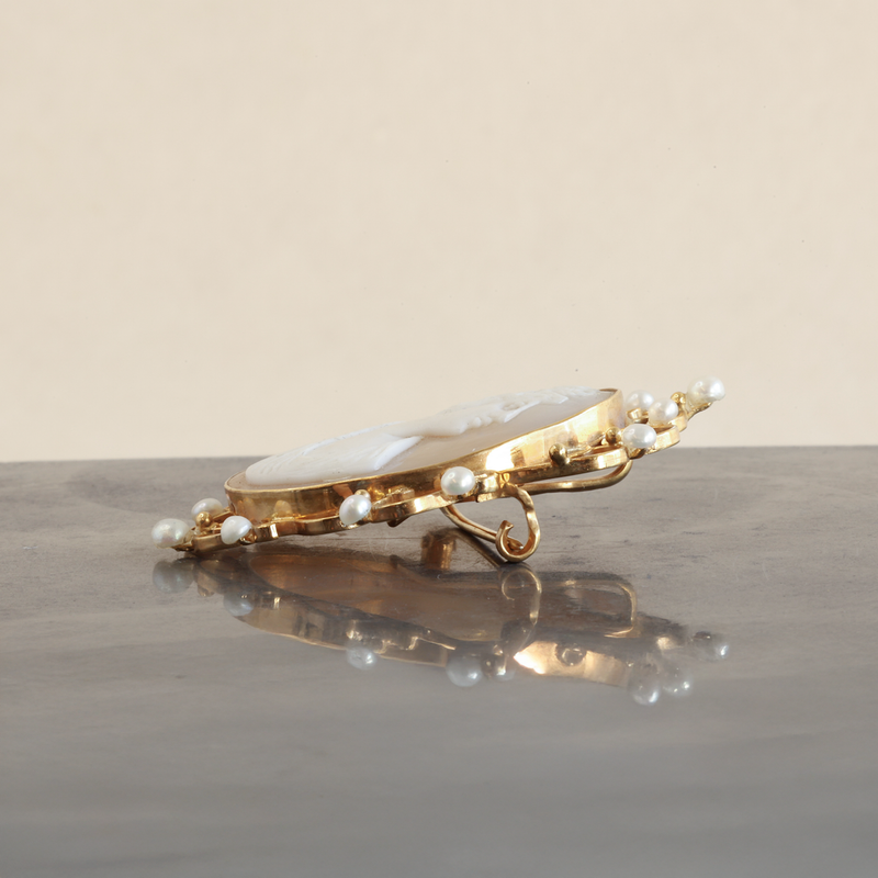 Ethical Jewellery & Engagement Rings Toronto - 9K Yellow Gold cameo Shell & Cultured Pearl Interchangeable Brooch/Necklace Pendant - FTJCo Fine Jewellery & Goldsmiths