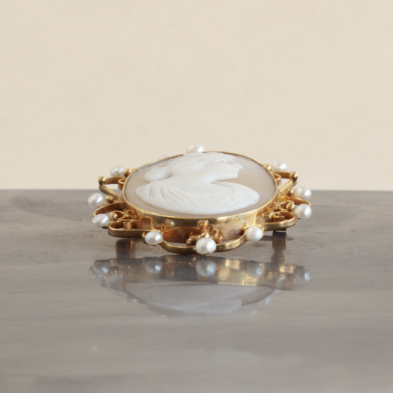 Ethical Jewellery & Engagement Rings Toronto - 9K Yellow Gold cameo Shell & Cultured Pearl Interchangeable Brooch/Necklace Pendant - FTJCo Fine Jewellery & Goldsmiths