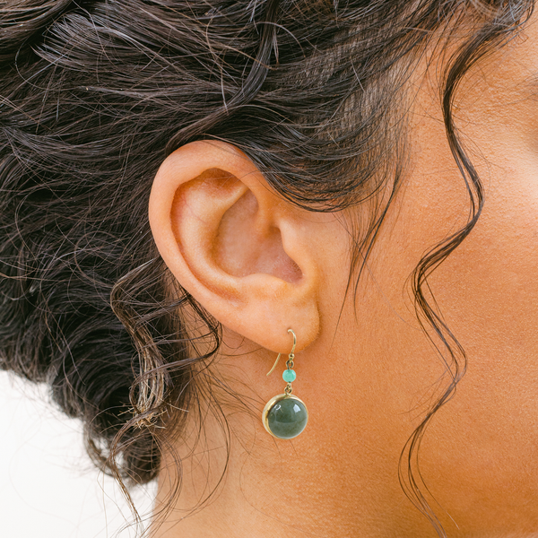 FTJCo Vintage Jade Half-Sphere & Bead Articulated Drops in Yellow Gold