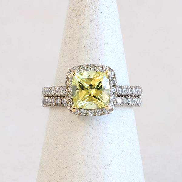 Pre-Loved 2.12 ct Yellow Lab Sapphire Cushion Halo in White Gold & Pre-Loved Customized 2 mm Stacker in White Gold