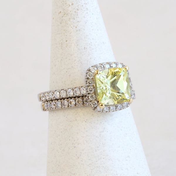 Pre-Loved 2.12 ct Yellow Lab Sapphire Cushion Halo in White Gold & Pre-Loved Customized 2 mm Stacker in White Gold