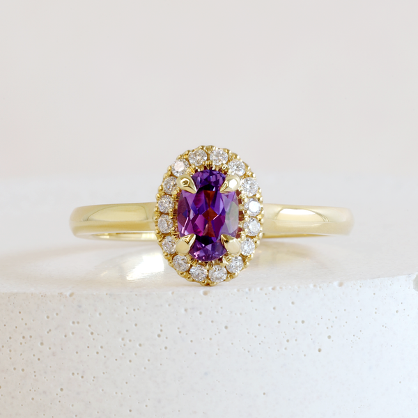 Ethical Jewellery & Engagement Rings Toronto - Pre-Loved 0.67 ct Grape Purple Oval Love Note Halo in Yellow Gold - FTJCo Fine Jewellery & Goldsmiths