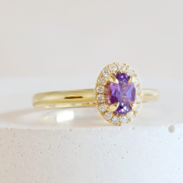 Ethical Jewellery & Engagement Rings Toronto - Pre-Loved 0.67 ct Grape Purple Oval Love Note Halo in Yellow Gold - FTJCo Fine Jewellery & Goldsmiths