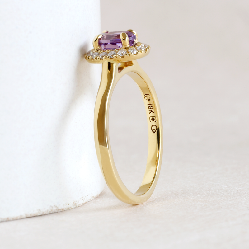 Ethical Jewellery & Engagement Rings Toronto - Pre-Loved 0.67 ct Grape Purple Oval Love Note Halo in Yellow Gold - FTJCo Fine Jewellery & Goldsmiths