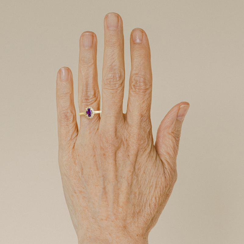 Ethical Jewellery & Engagement Rings Toronto - Pre-Loved 0.67 ct Grape Purple Oval Love Note Halo in Yellow Gold - FTJCo Fine Jewellery & Goldsmiths