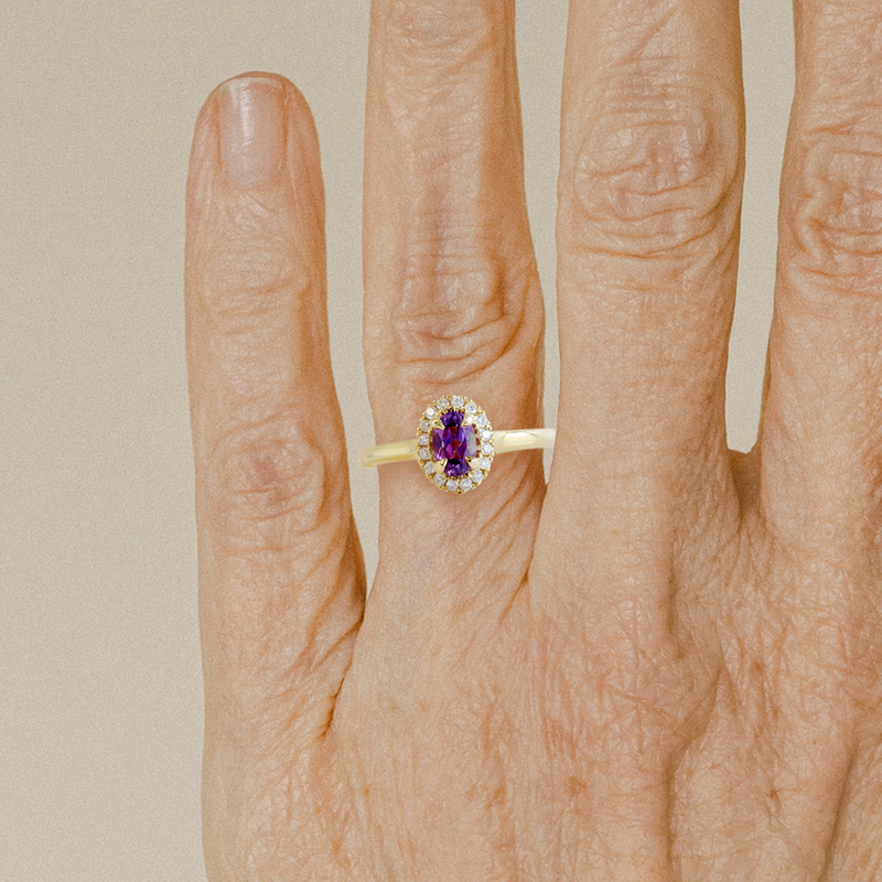 Ethical Jewellery & Engagement Rings Toronto - Pre-Loved 0.67 ct Grape Purple Oval Love Note Halo in Yellow Gold - FTJCo Fine Jewellery & Goldsmiths