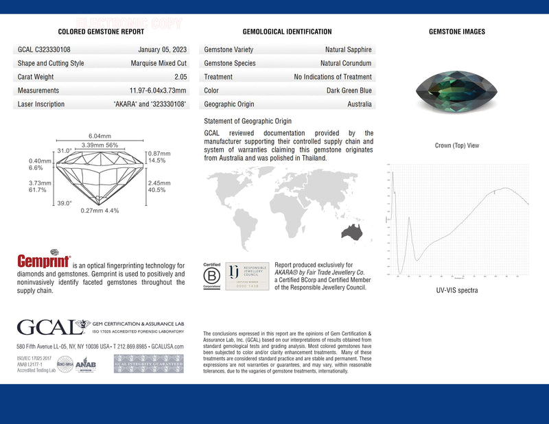 2.05 ct Peacock Blue Marquise Mixed Cut AKARA Australian Sapphire