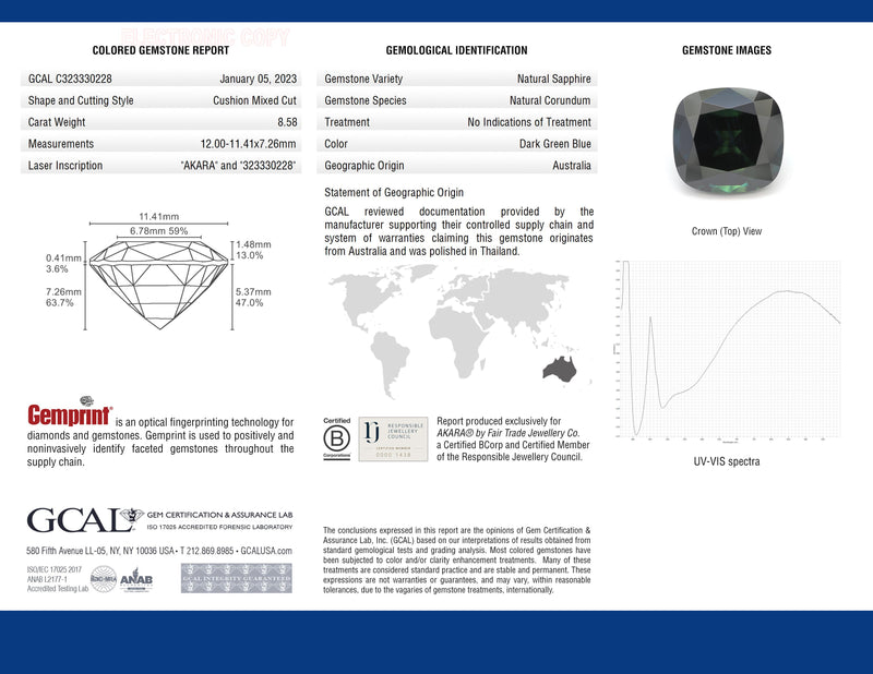 8.58 ct Deep Forest Green Cushion Mixed Cut AKARA Australian Sapphire