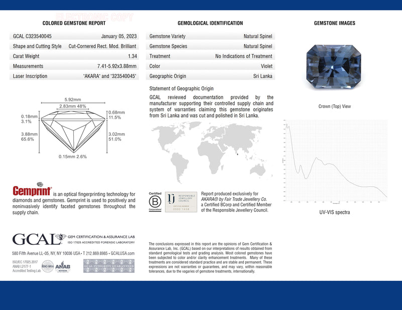 1.34 ct Midnight Violet Cut Corner Rectangular Modified Brilliant Cut AKARA Sri Lanka Spinel