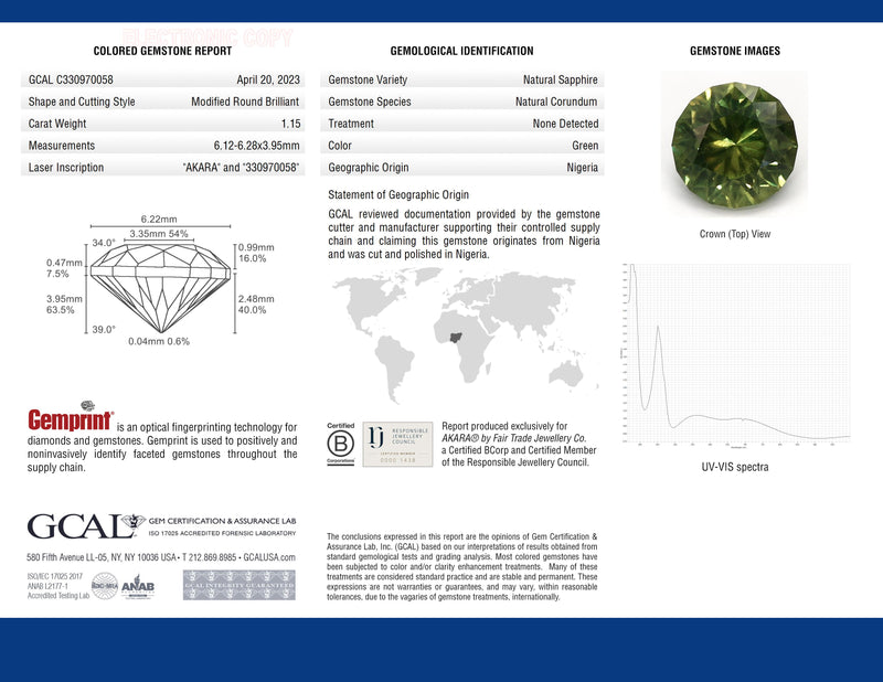 Ethical Jewellery & Engagement Rings Toronto - 1.15 ct Sunny Forest Green Modified Brilliant Round Cut AKARA Nigerian Sapphire - FTJCo Fine Jewellery & Goldsmiths