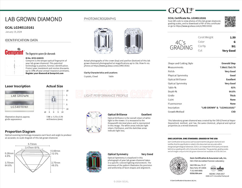 1.50 ct G SI1 Emerald-cut Lab Diamond Traditional Love Note Solitaire in Yellow Gold