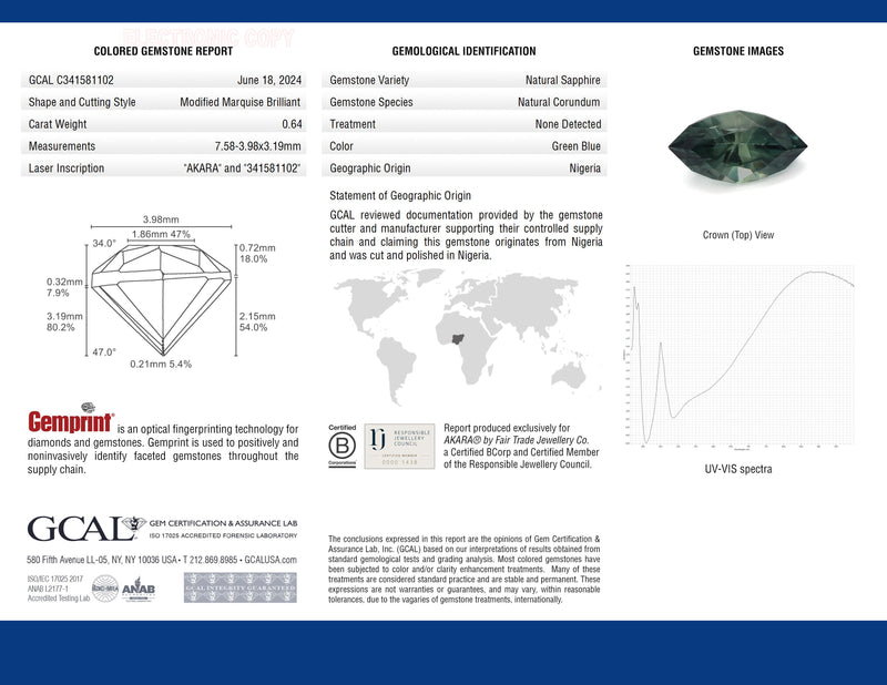 0.64 ct Ocean Green Bi-Colour Marquise Brilliant AKARA Nigerian Sapphire