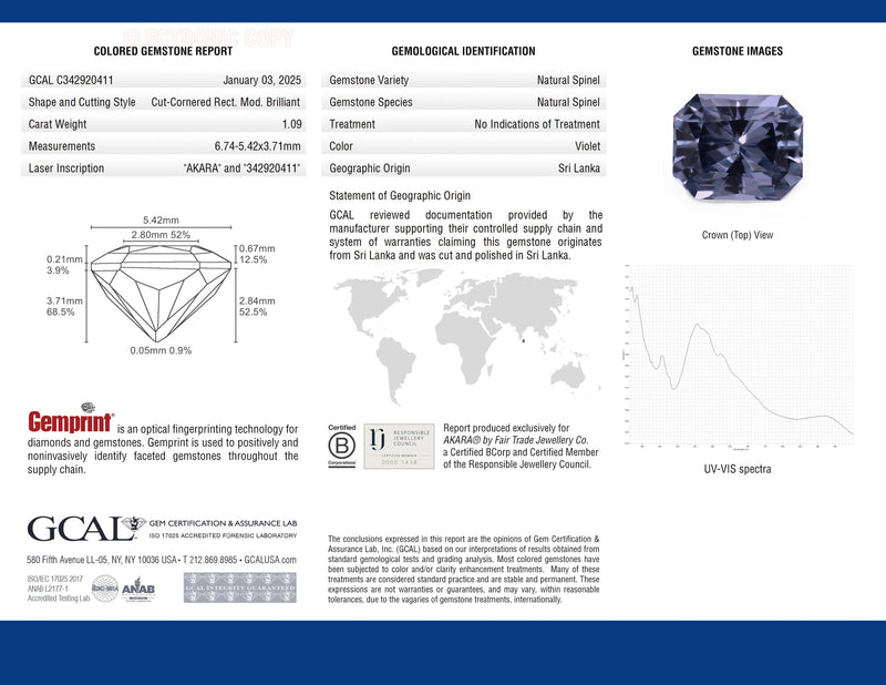 1.09 ct Deep Lavender Cut-Corner Rectangular Modified Brilliant AKARA Sri Lanka Spinel