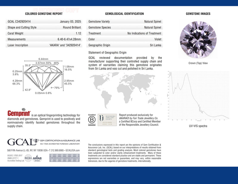 1.12 ct Magnolia Purple Round Brilliant AKARA Sri Lanka Spinel