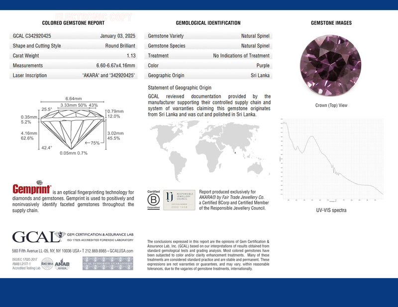 1.13 ct Deep Plum Round Brilliant Cut AKARA Sri Lanka Spinel